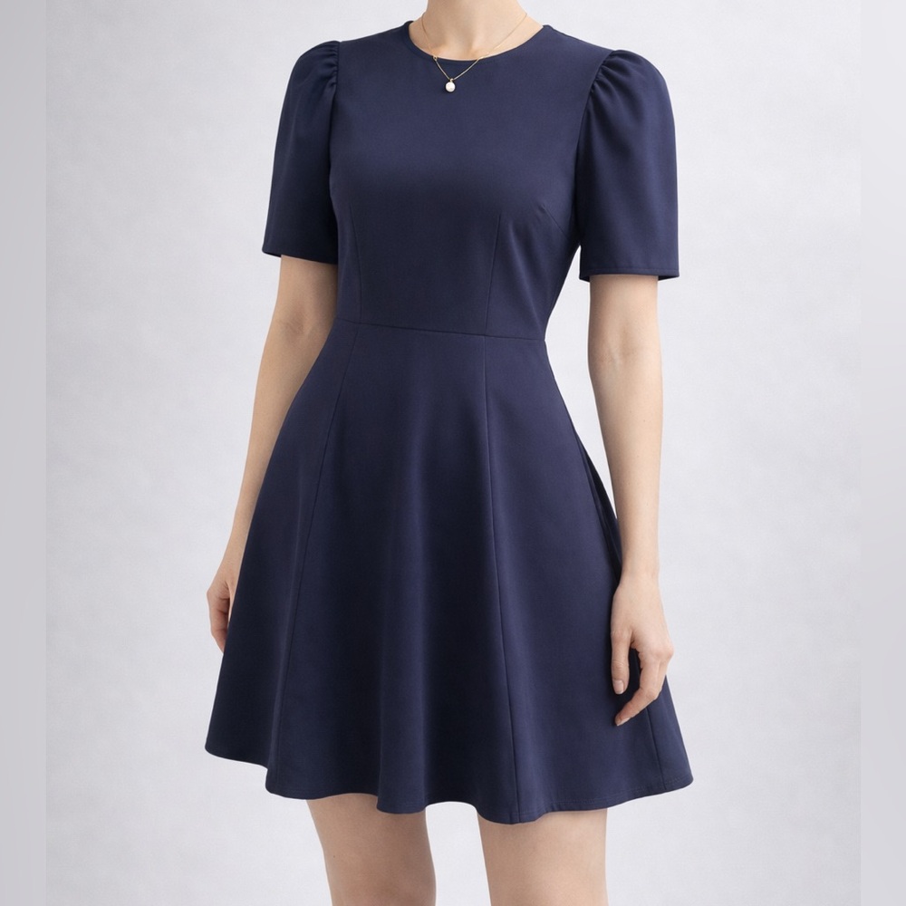 🆕 AQUA Navy Blue Flutter Sleeve Fit & Flare Dress XS Stretchy Short Sleeve Midi